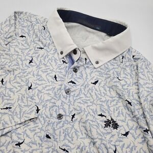 Greyson Mens XXL Shark Print Golf Polo Shirt White Blue Short Sleeve Flaw
